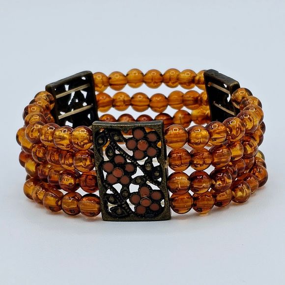 Autumn Bracelet Vintage Genuine Amber Bead Enamel Flowers Brass Filigree Stretch - Picture 2 of 10